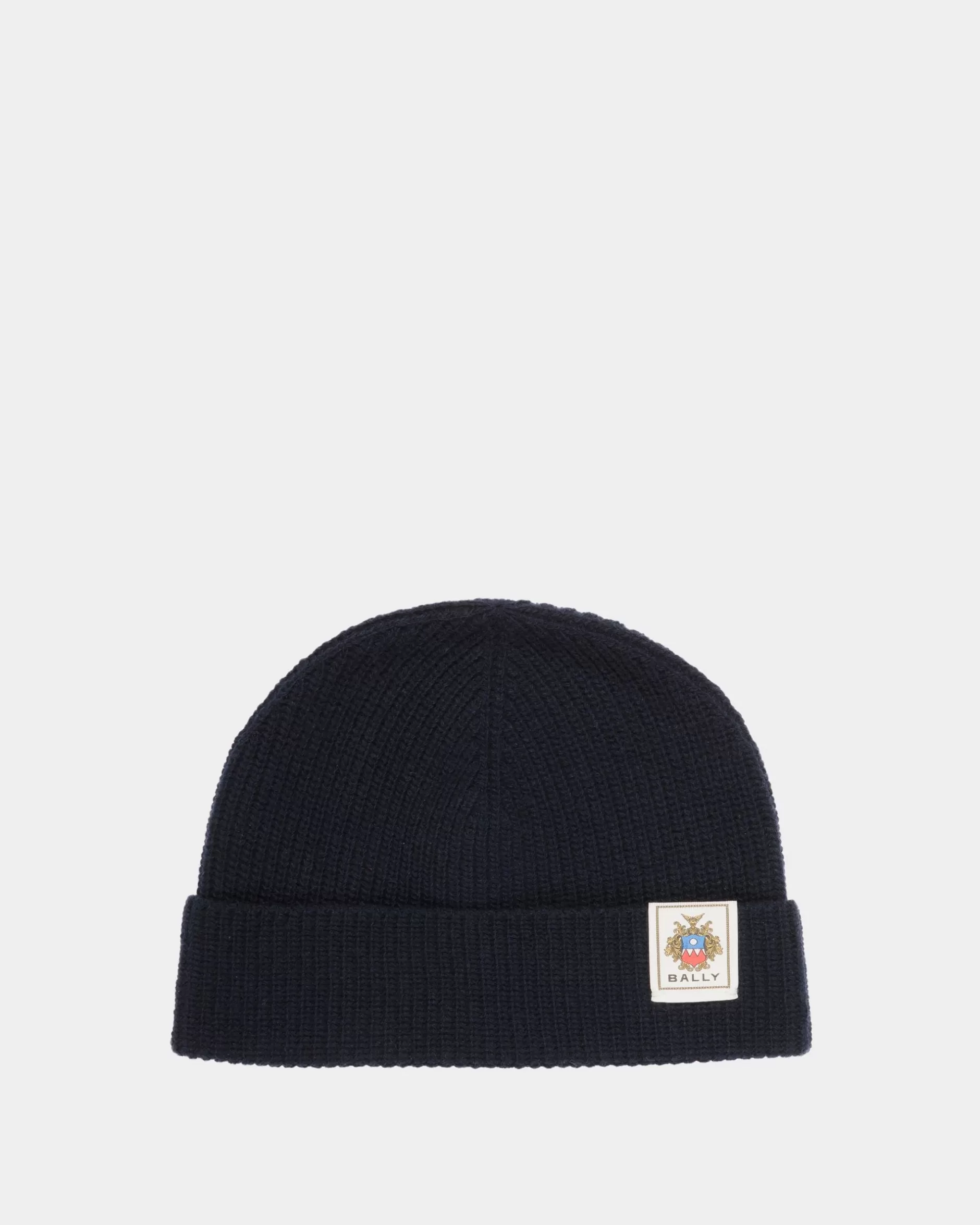 Bally Beanie Aus Wolle In Navy Blue Mit Crest Logo Blau Sale