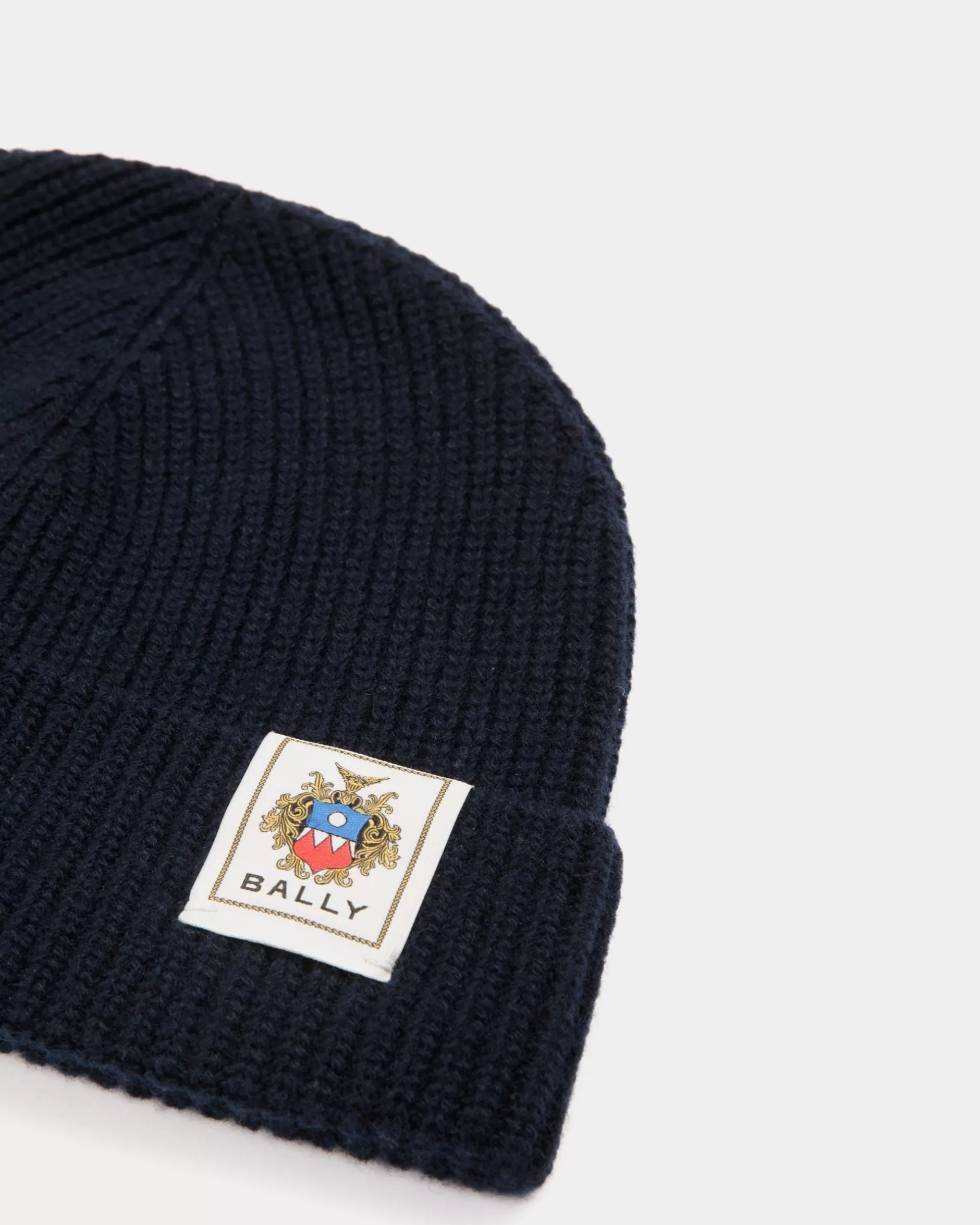 Bally Beanie Aus Wolle In Navy Blue Mit Crest Logo Blau Sale
