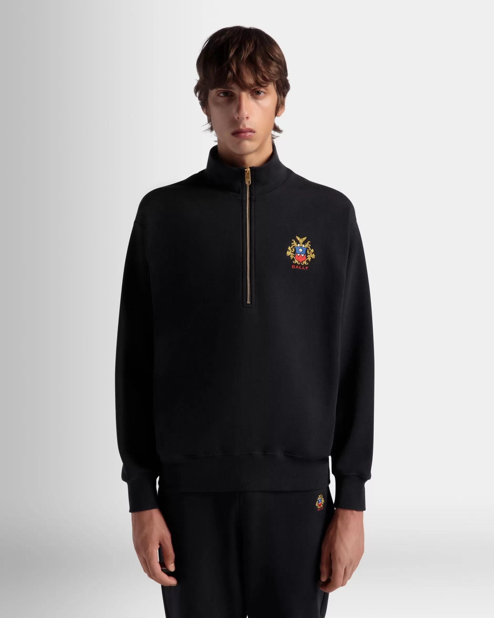 Bally Half-Zip-Sweatshirt Aus Baumwolle In Navy Blue Mit Crest Logo Blau Store