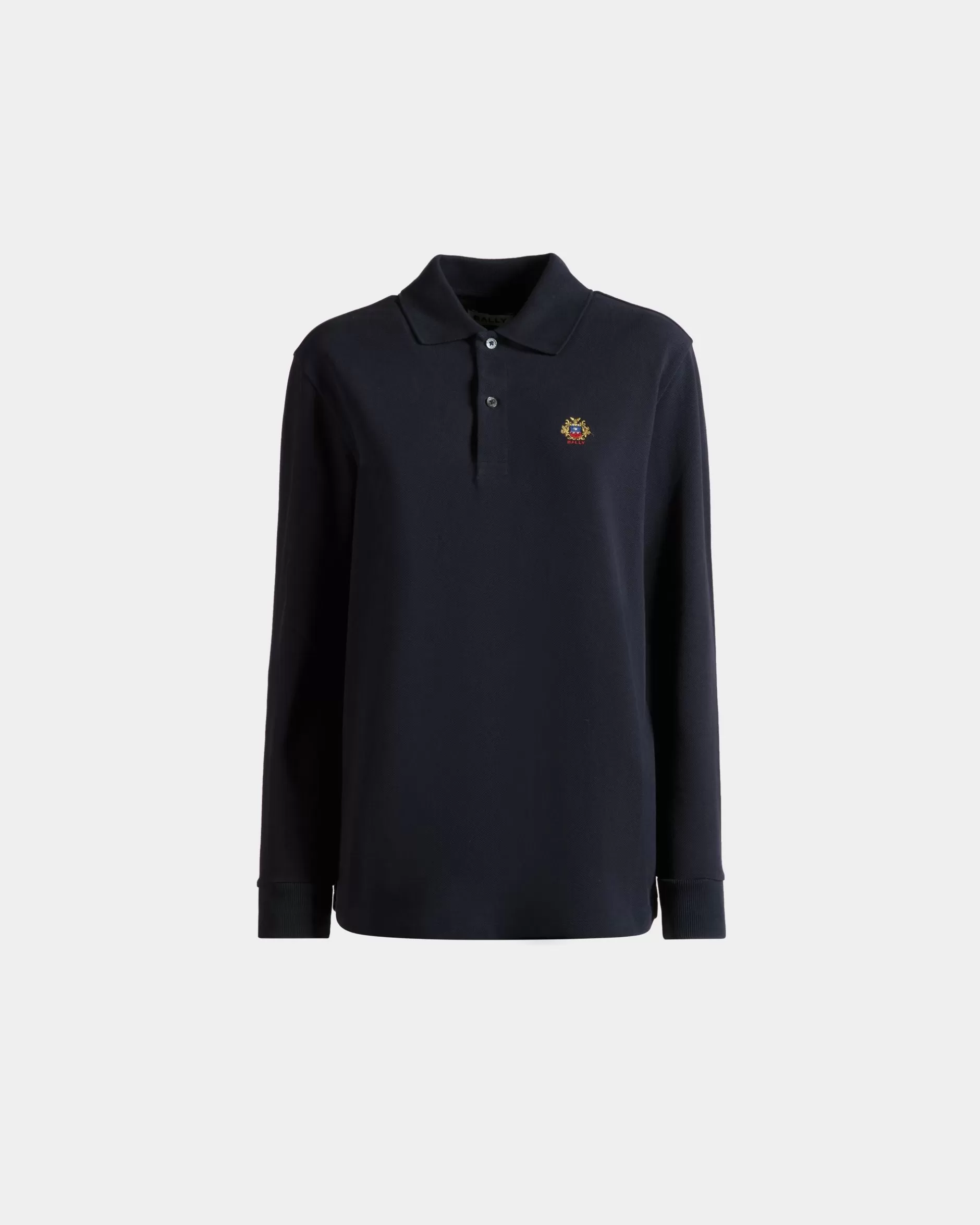Bally Langärmeliges Poloshirt Aus Baumwolle In Navy Blue Mit Crest Logo Blau Clearance