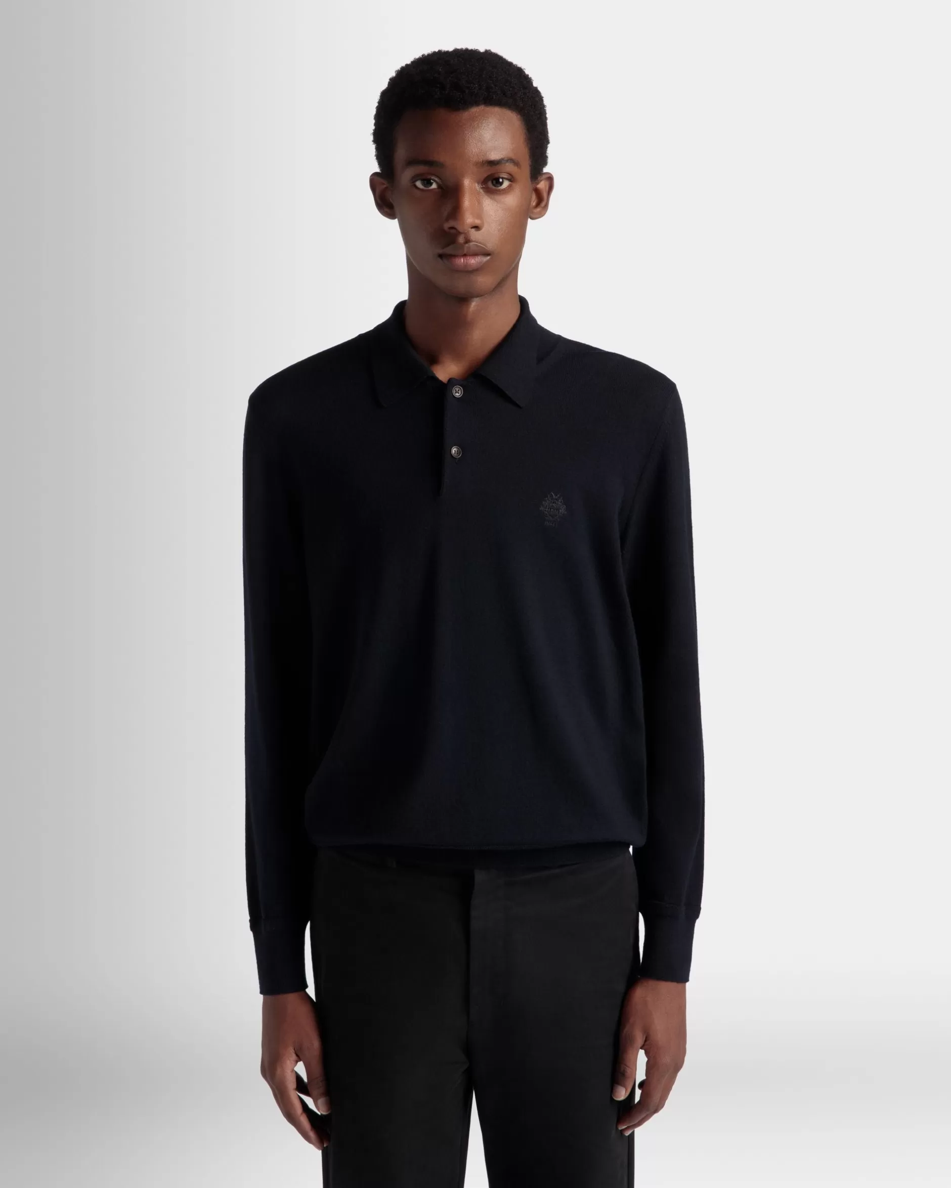 Bally Langärmeliges Poloshirt Aus Wolle In Navy Blue Mit Crest Logo Blau Store