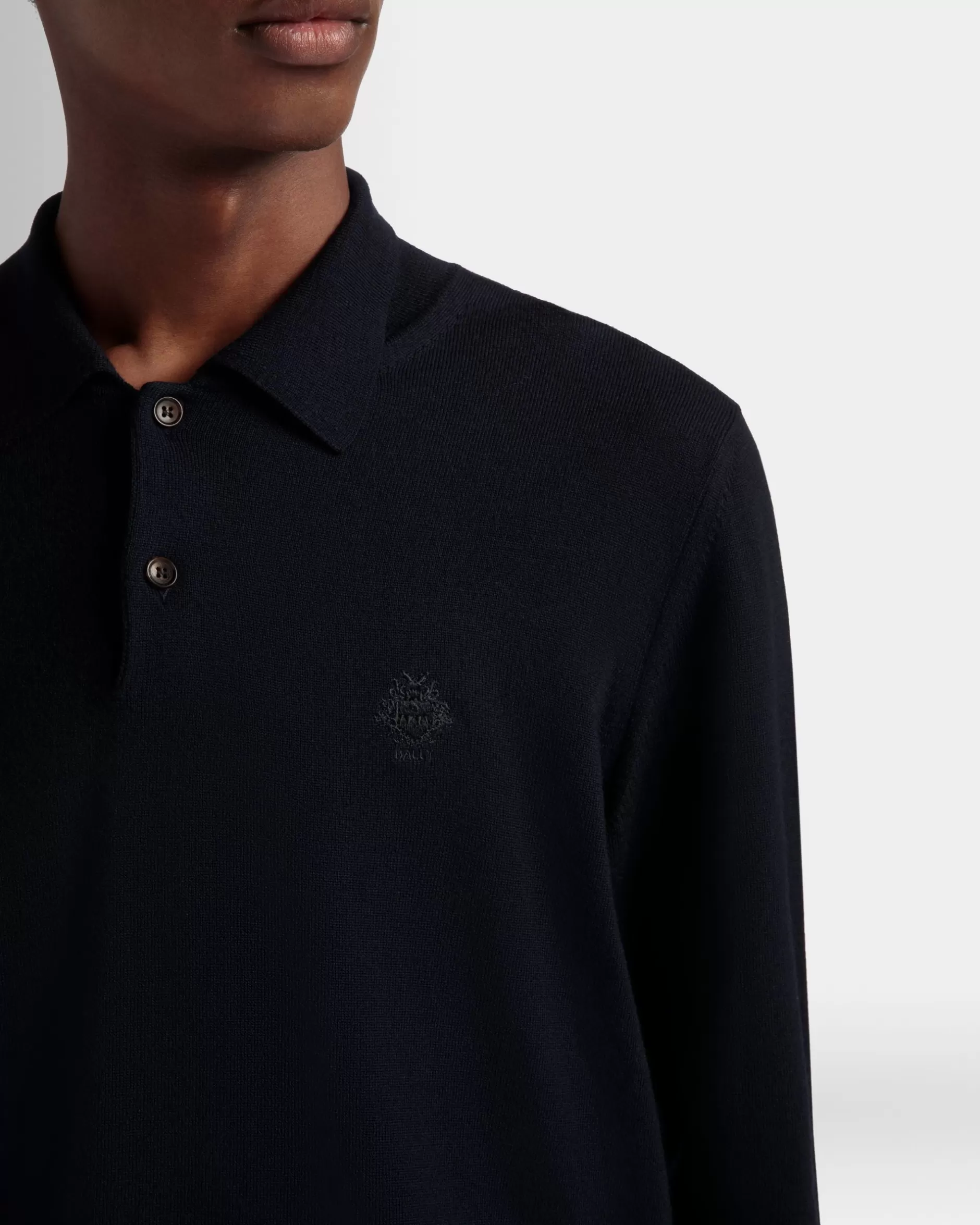 Bally Langärmeliges Poloshirt Aus Wolle In Navy Blue Mit Crest Logo Blau Store
