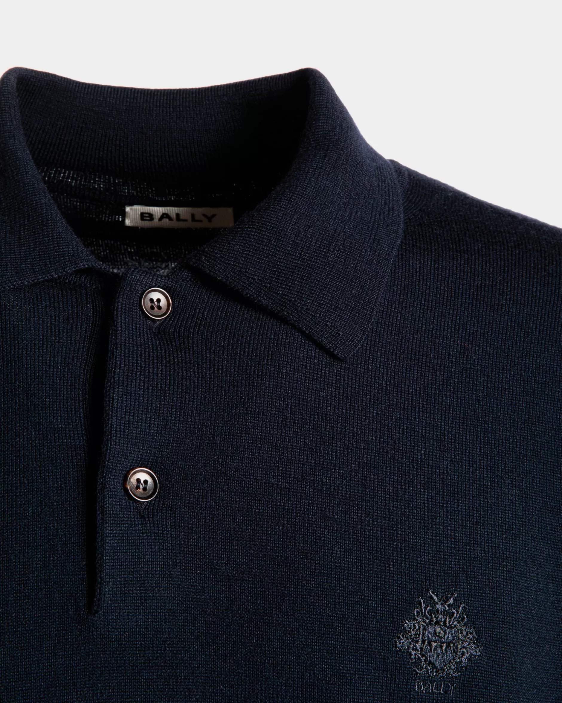 Bally Langärmeliges Poloshirt Aus Wolle In Navy Blue Mit Crest Logo Blau Store