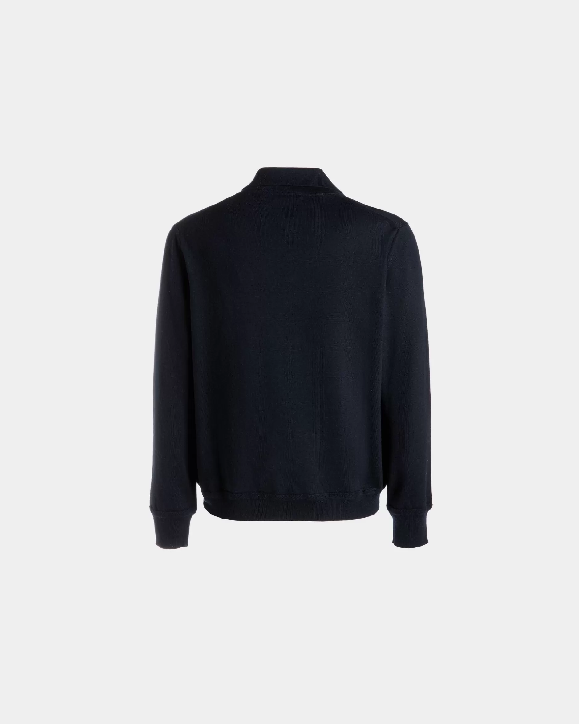 Bally Langärmeliges Poloshirt Aus Wolle In Navy Blue Mit Crest Logo Blau Store