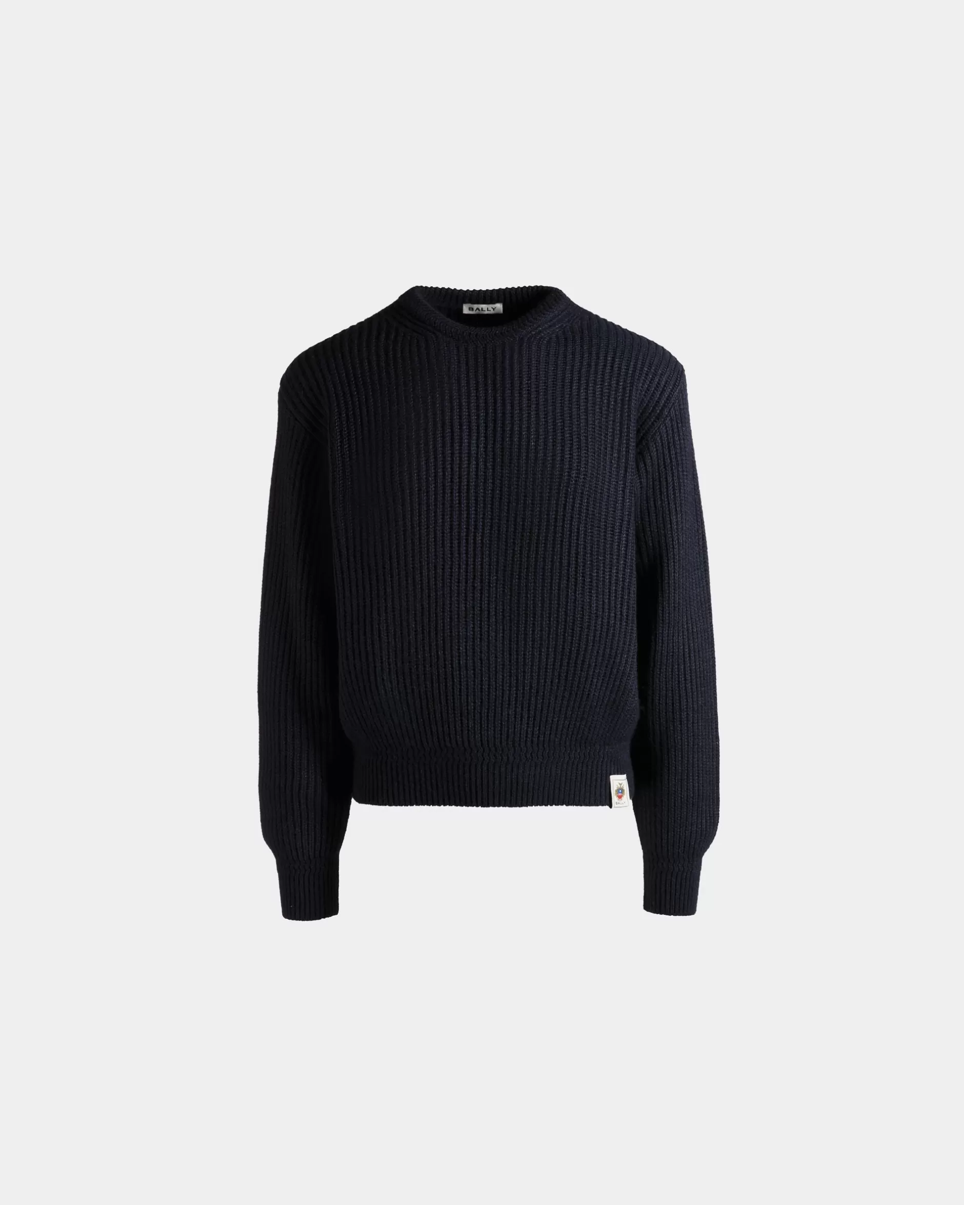Bally Rundhalspullover Aus Woll-Seiden-Mix In Navy Blue Mit Crest Logo Blau Fashion