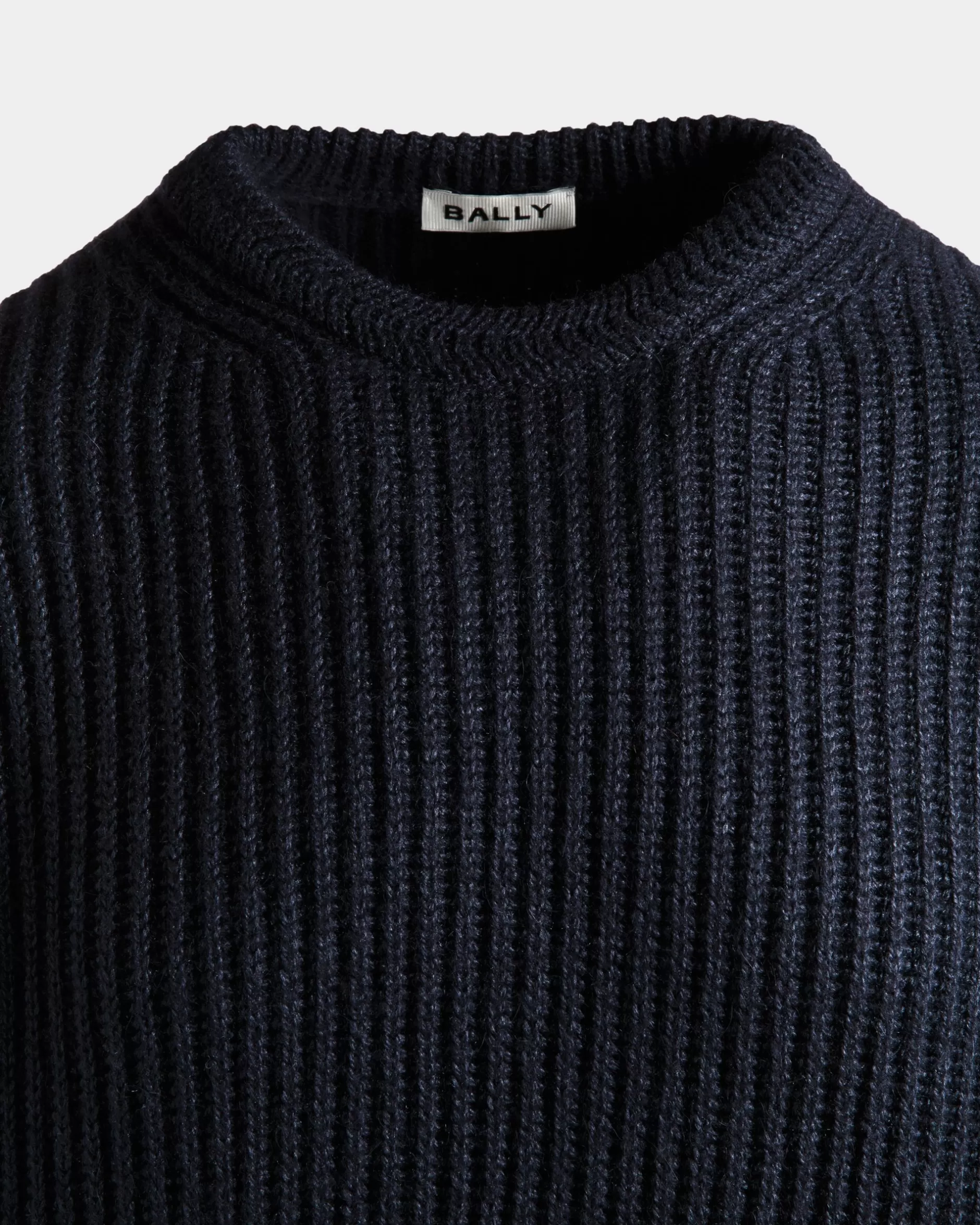 Bally Rundhalspullover Aus Woll-Seiden-Mix In Navy Blue Mit Crest Logo Blau Fashion