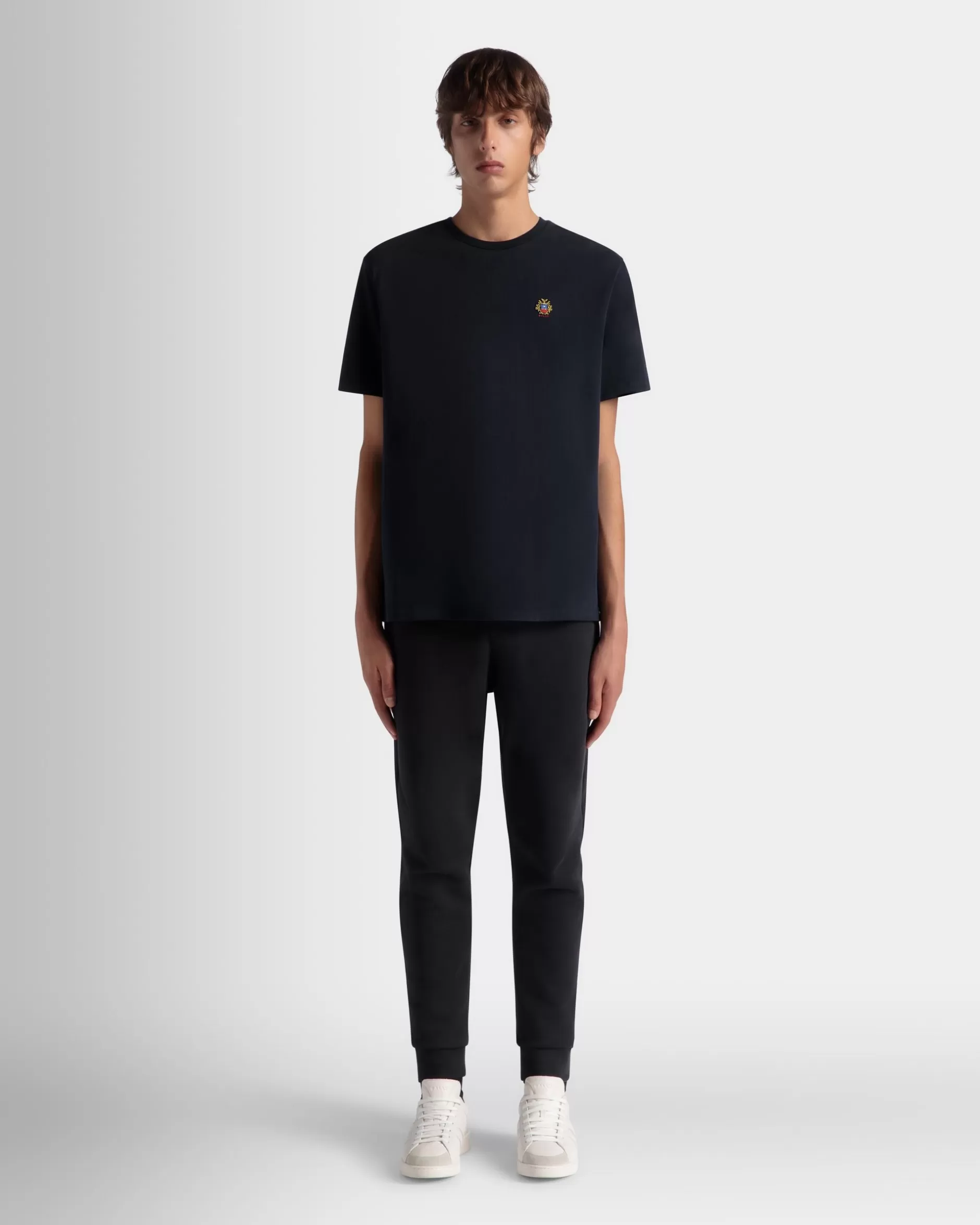 Bally T-Shirt Aus Baumwolle In Navy Blue Mit Crest Logo Blau Discount
