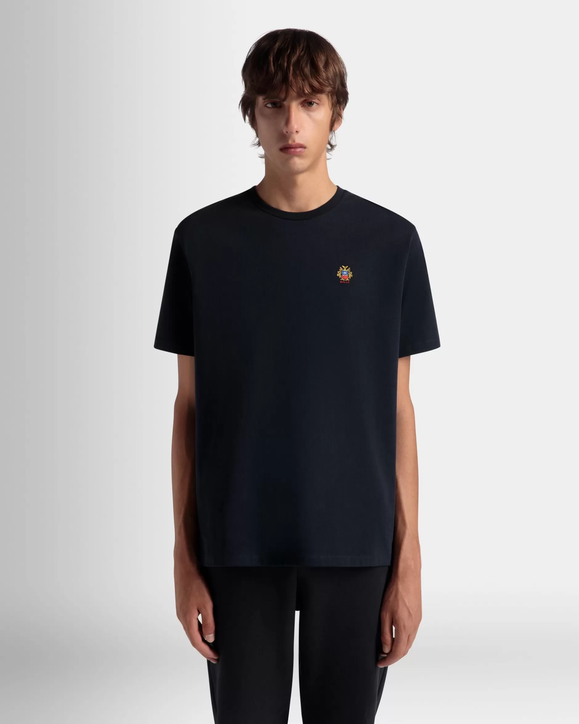 Bally T-Shirt Aus Baumwolle In Navy Blue Mit Crest Logo Blau Discount