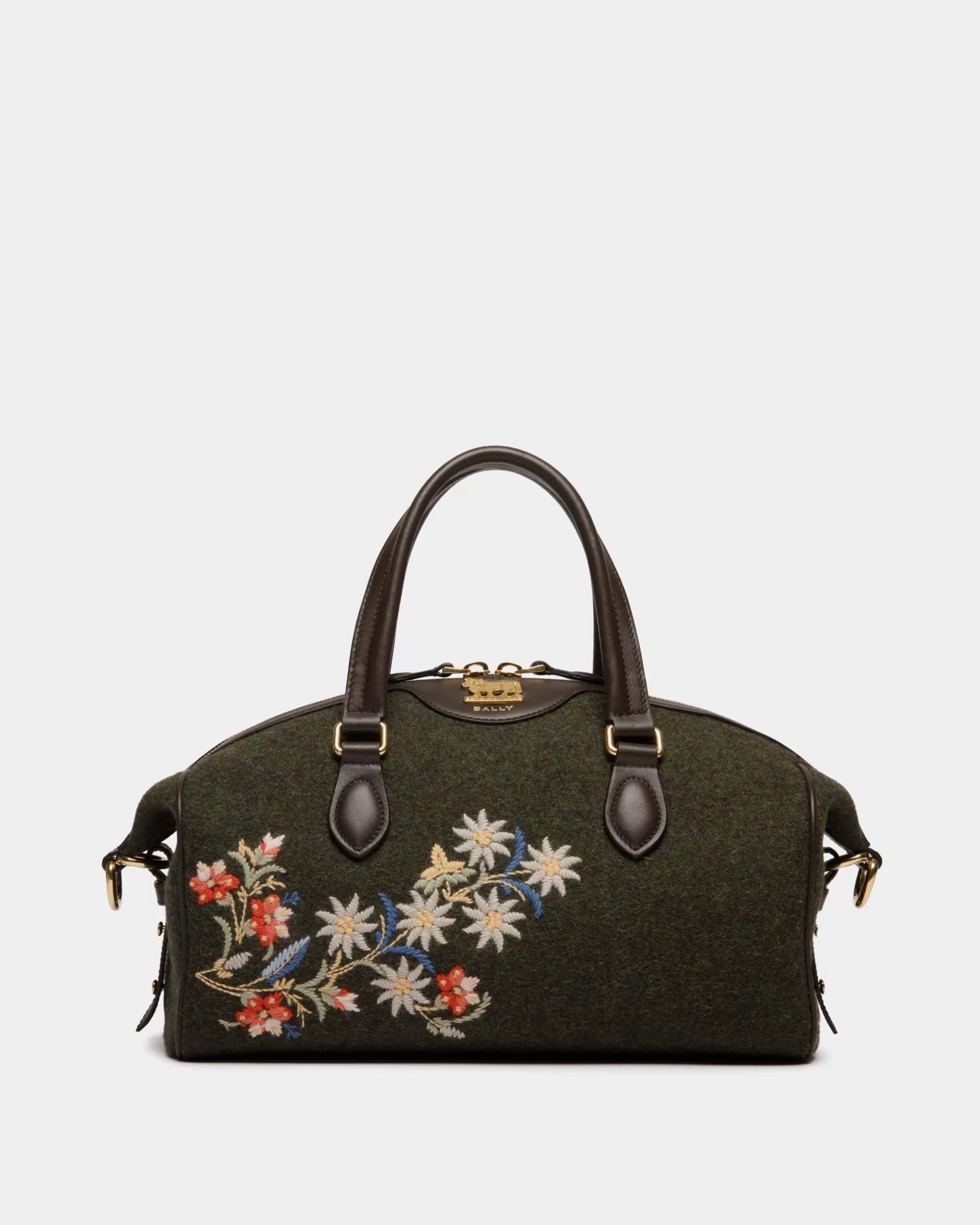 Bally Winter Capsule Henkeltasche Aus Dunkeler Wolle Und Leder In Ebenholzschwarz Mit Alpenblumen Grün Clearance