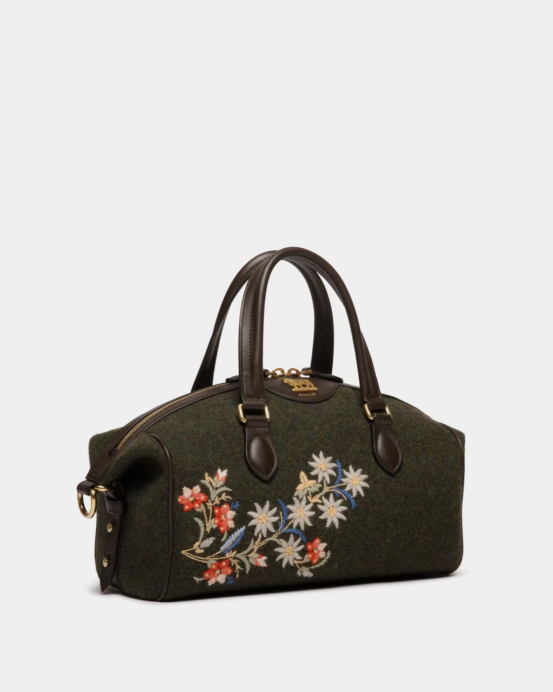 Bally Winter Capsule Henkeltasche Aus Dunkeler Wolle Und Leder In Ebenholzschwarz Mit Alpenblumen Grün Clearance