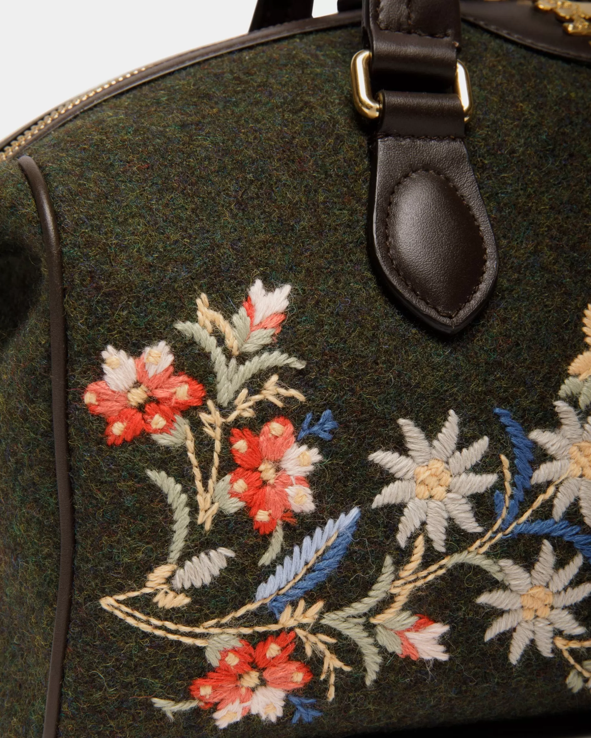 Bally Winter Capsule Henkeltasche Aus Dunkeler Wolle Und Leder In Ebenholzschwarz Mit Alpenblumen Grün Clearance