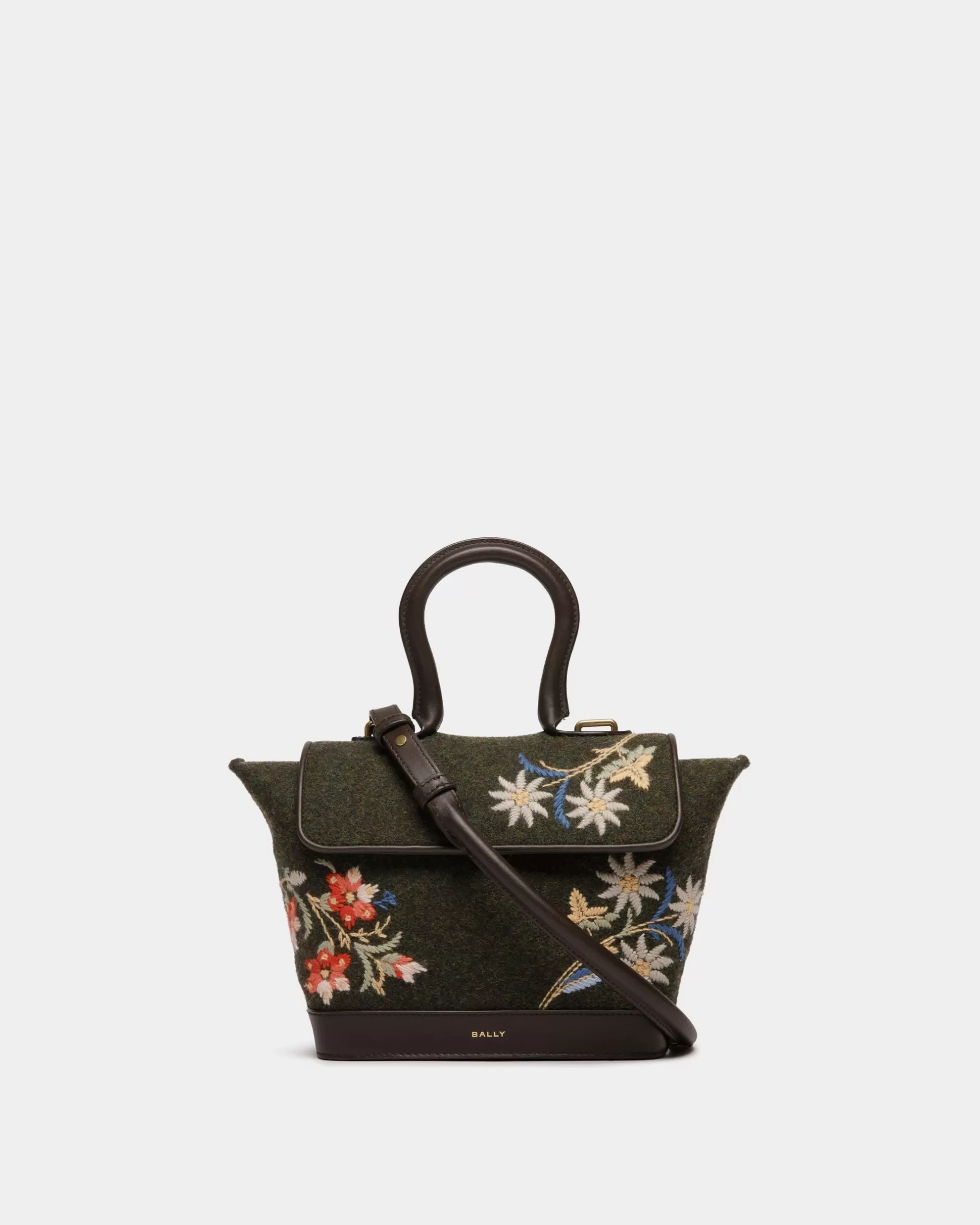 Bally Winter Capsule Henkeltasche Aus Dunkeler Wolle Und Leder In Ebenholzschwarz Mit Alpenblumen Grün Best Sale