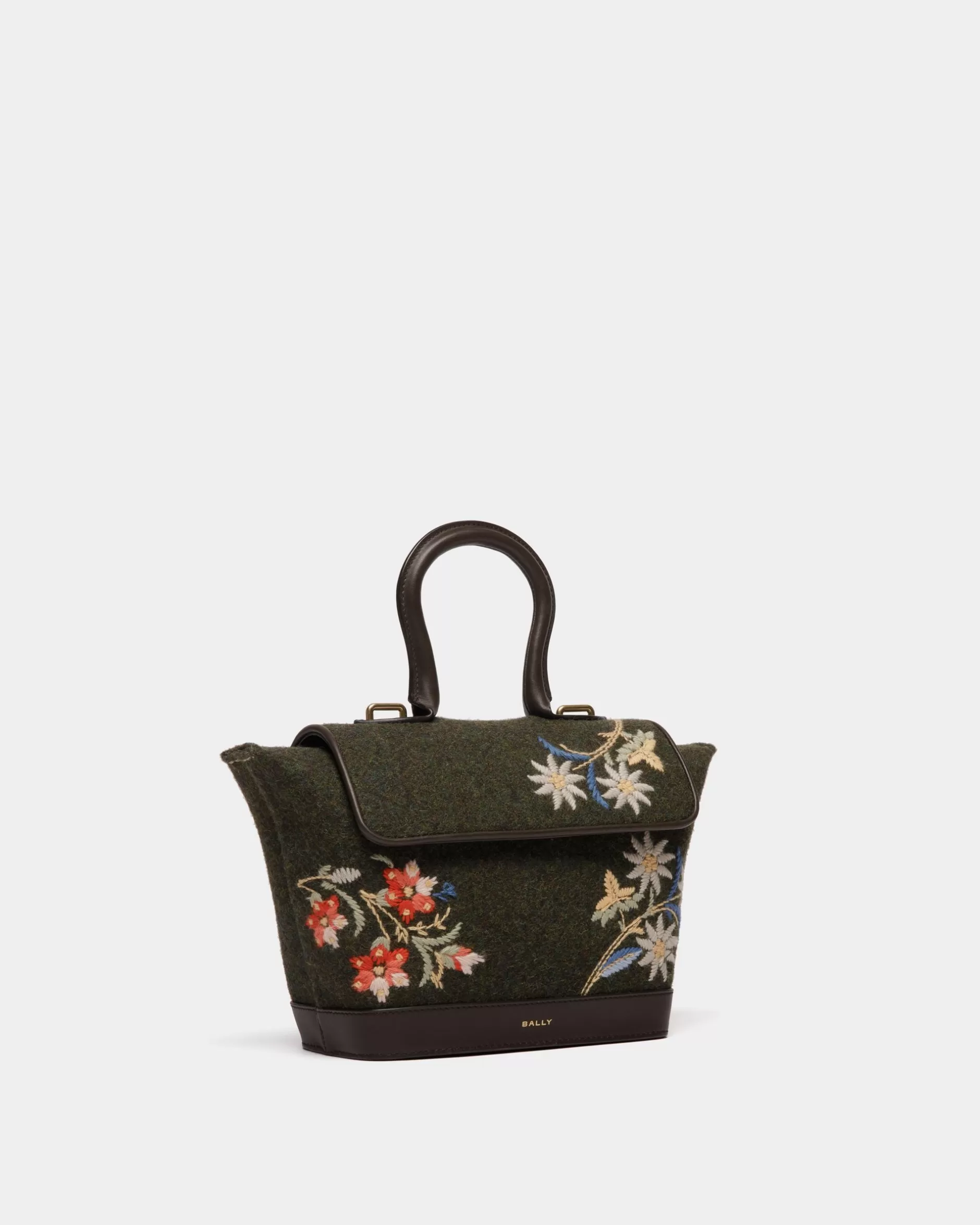 Bally Winter Capsule Henkeltasche Aus Dunkeler Wolle Und Leder In Ebenholzschwarz Mit Alpenblumen Grün Best Sale