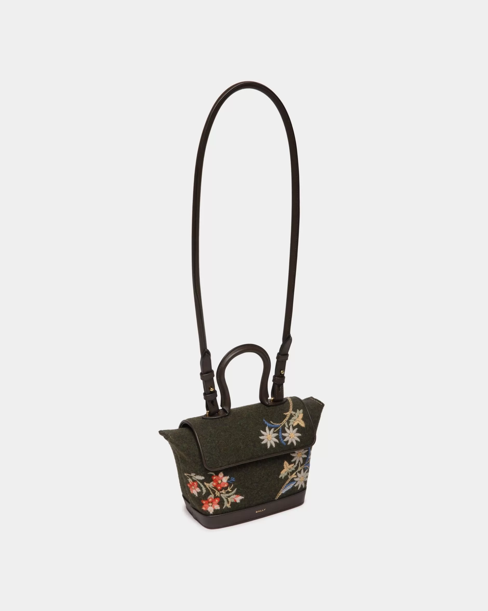 Bally Winter Capsule Henkeltasche Aus Dunkeler Wolle Und Leder In Ebenholzschwarz Mit Alpenblumen Grün Best Sale
