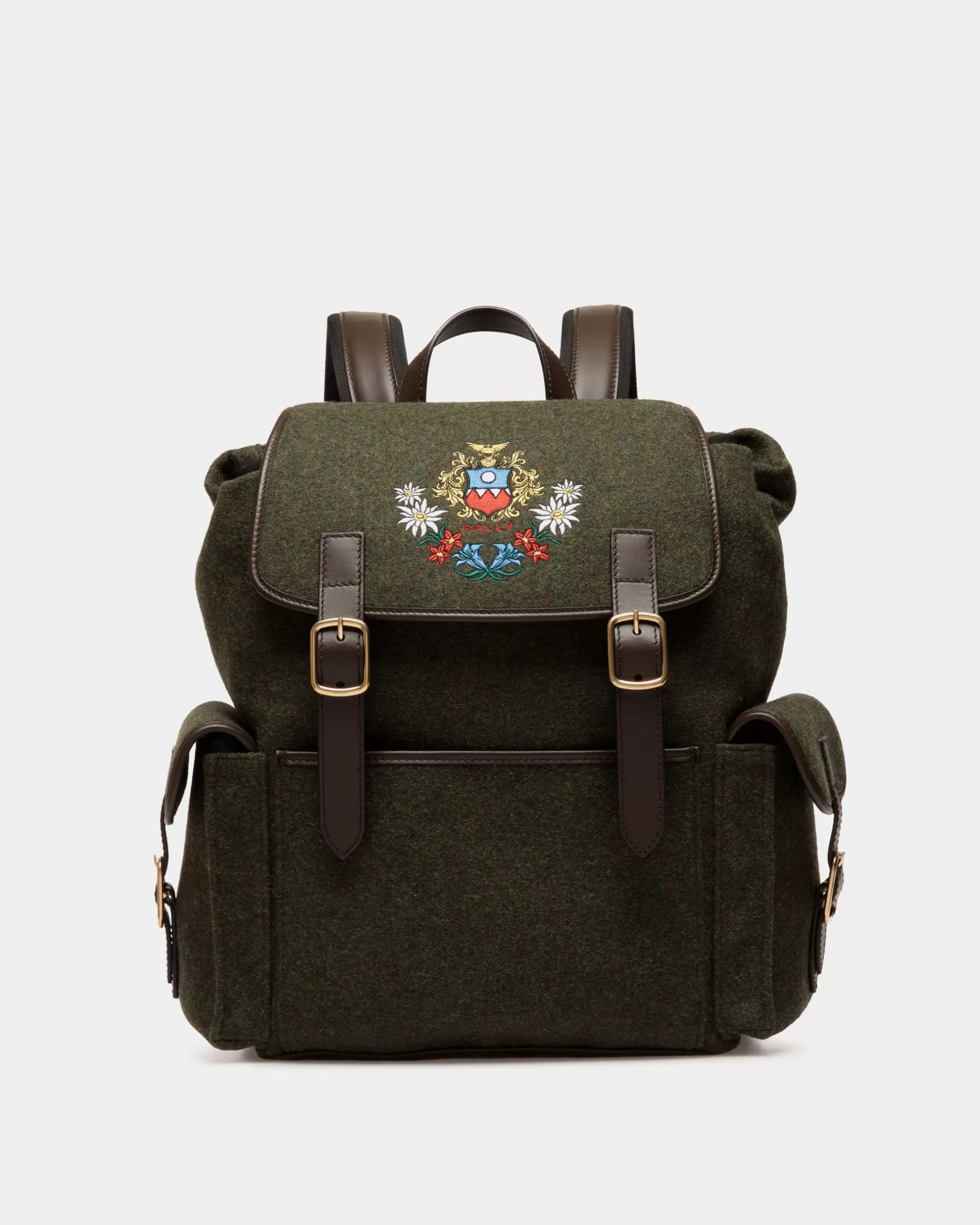 Bally Winter Capsule Rucksack Aus Wolle In Dunkel Und Aus Leder In Ebenholzschwarz Mit Alpenblumen Grün Outlet