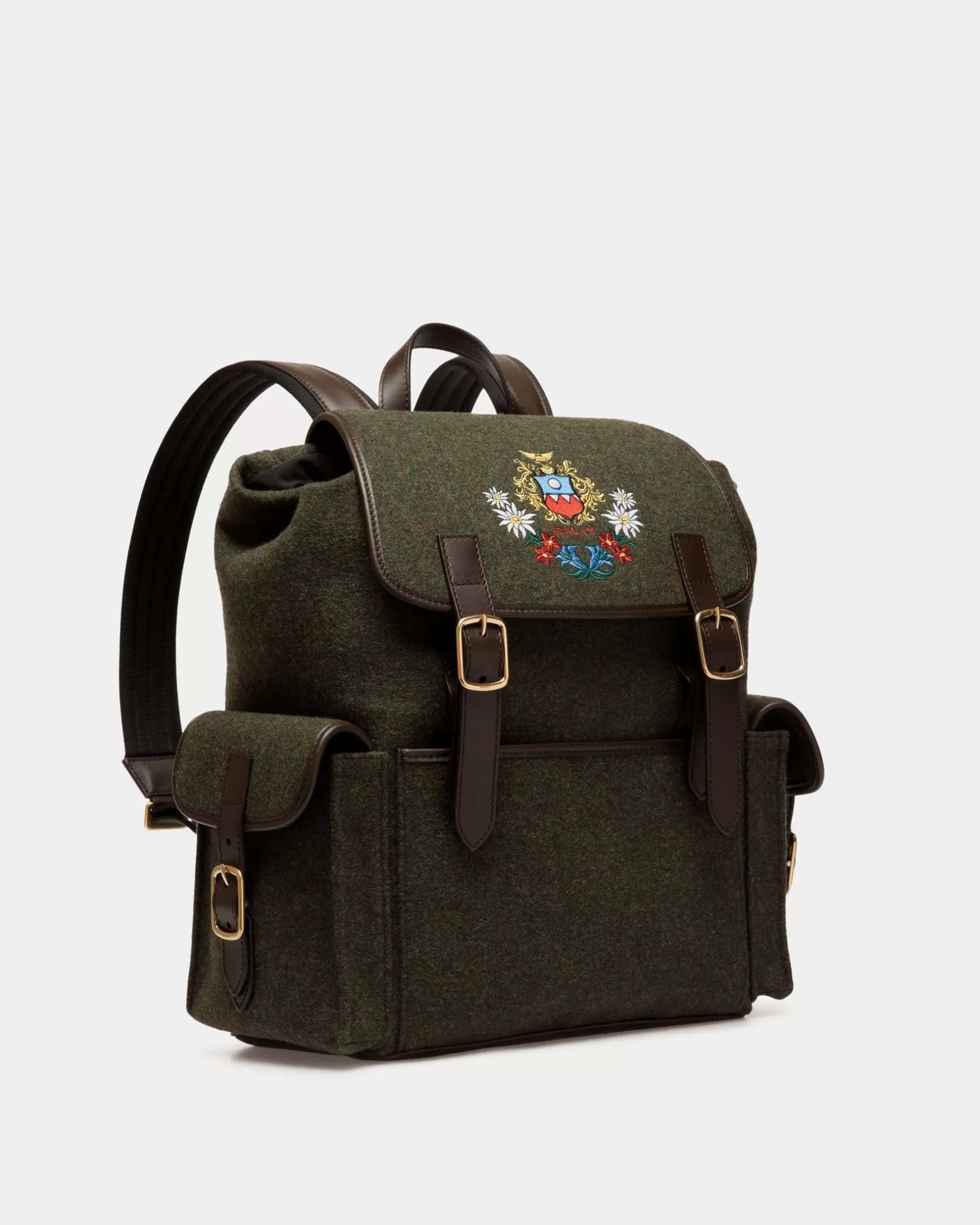 Bally Winter Capsule Rucksack Aus Wolle In Dunkel Und Aus Leder In Ebenholzschwarz Mit Alpenblumen Grün Outlet