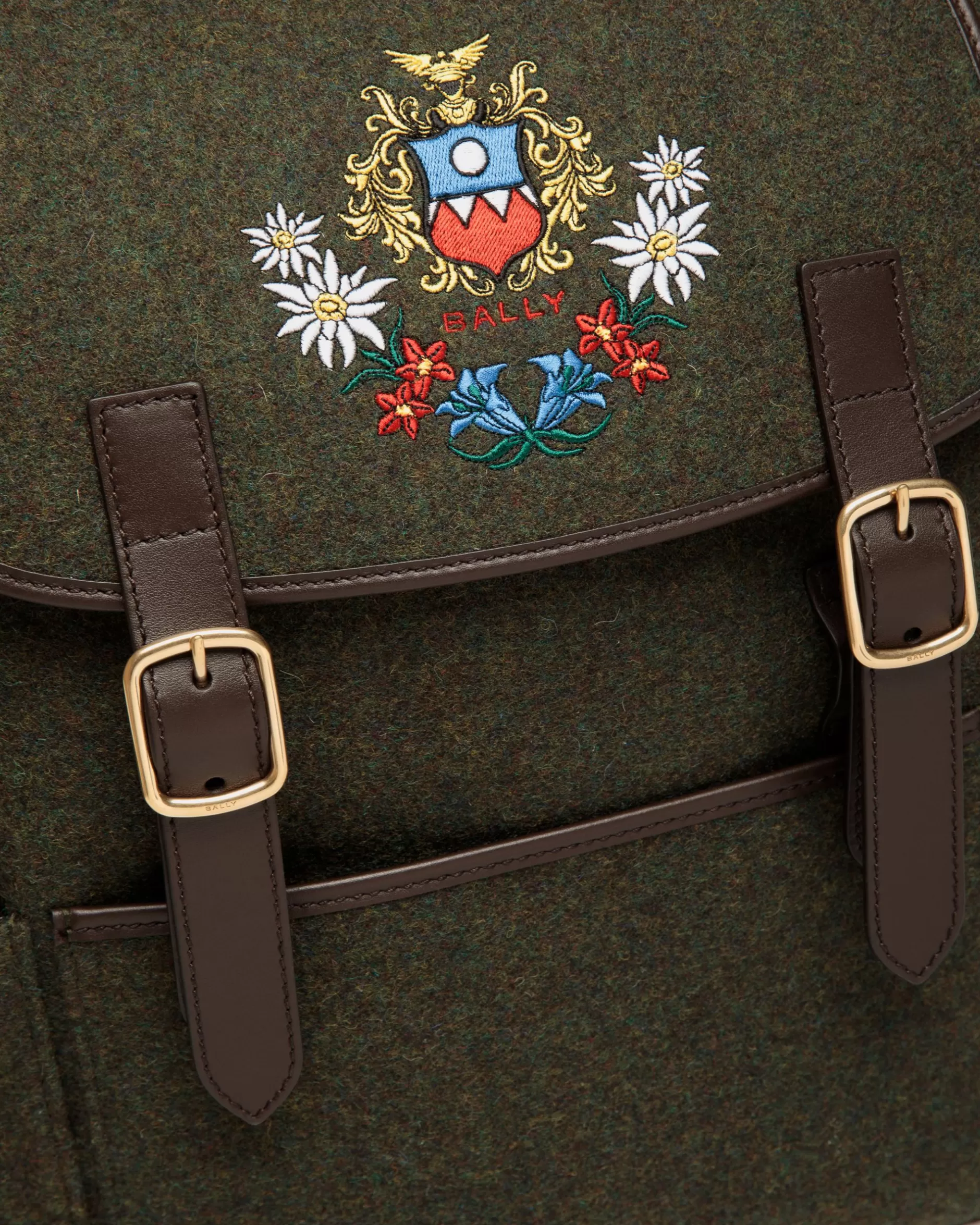 Bally Winter Capsule Rucksack Aus Wolle In Dunkel Und Aus Leder In Ebenholzschwarz Mit Alpenblumen Grün Outlet