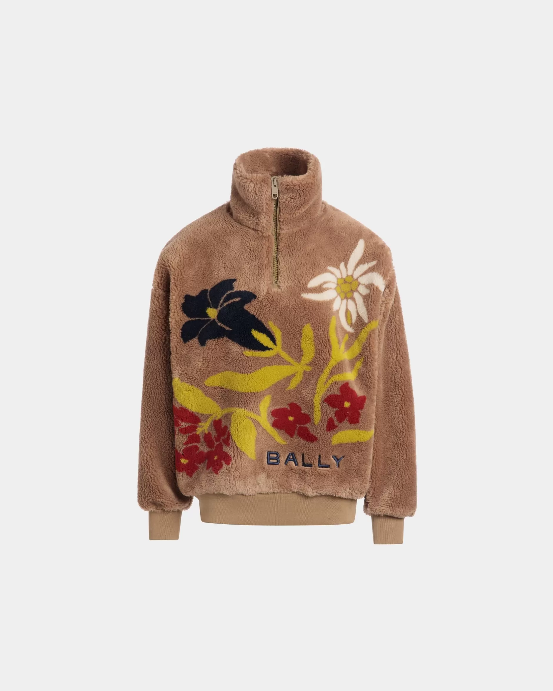 Bally Winter Capsule Sweatshirt Mit Halbem Reißverschluss Und Alpenblumen Aus Fleece In Camel Beige Sale
